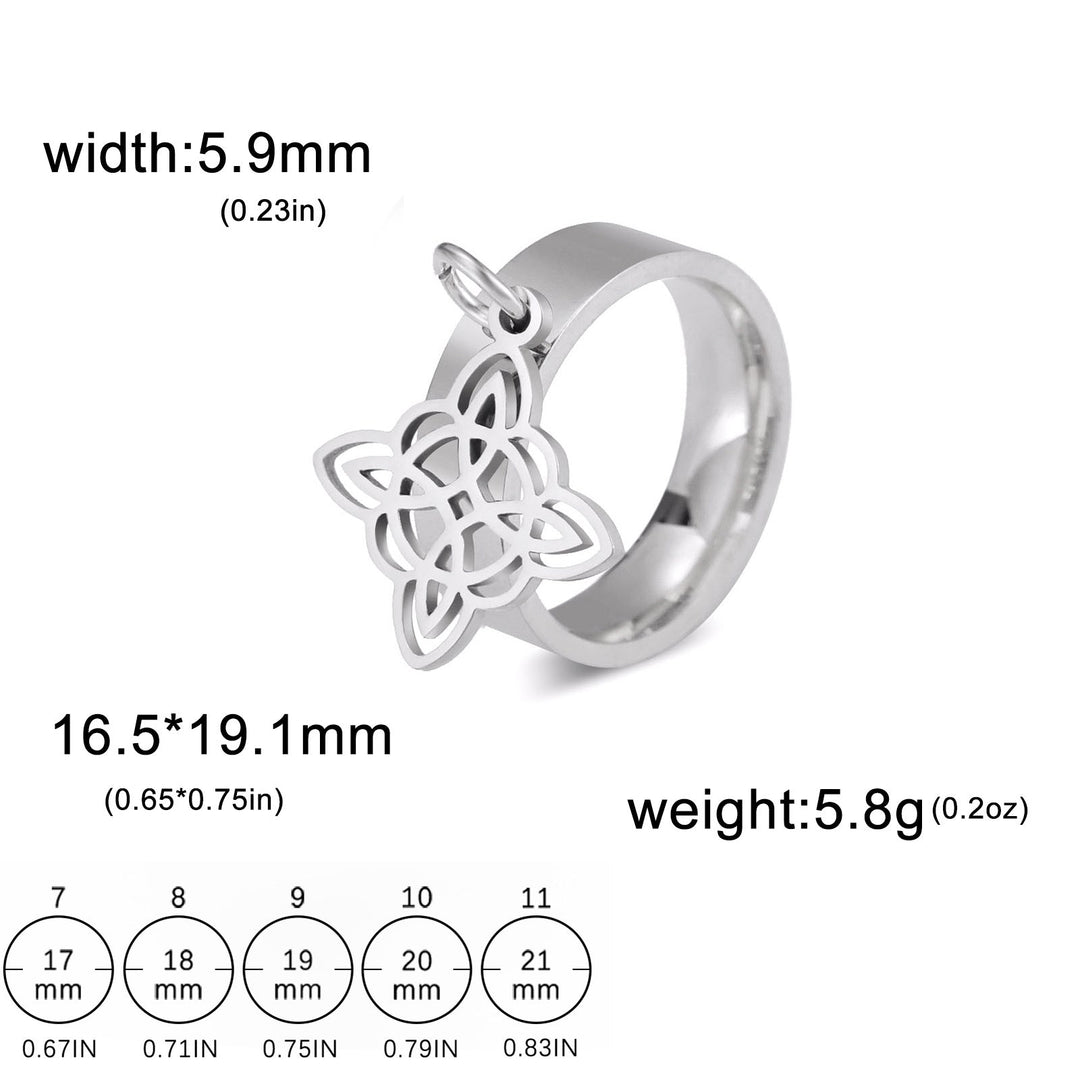 The photo shows THE GUARDIAN'S WITCHES KNOT DANGLE stainless steel silver ring with Witch Knot element, with dimensions shown