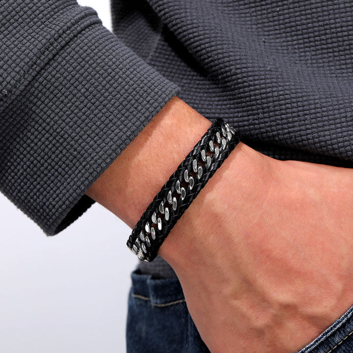 Leather men's bracelet with weave design, symbolizing strength and legacy.