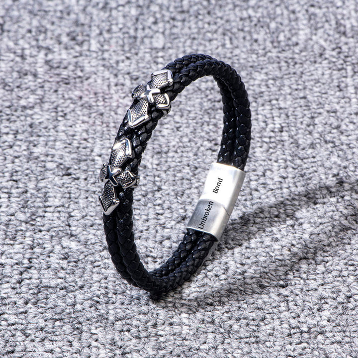 Leather braided bracelet with titanium steel accents, perfect gift for son, symbolic of strength and inspiration.