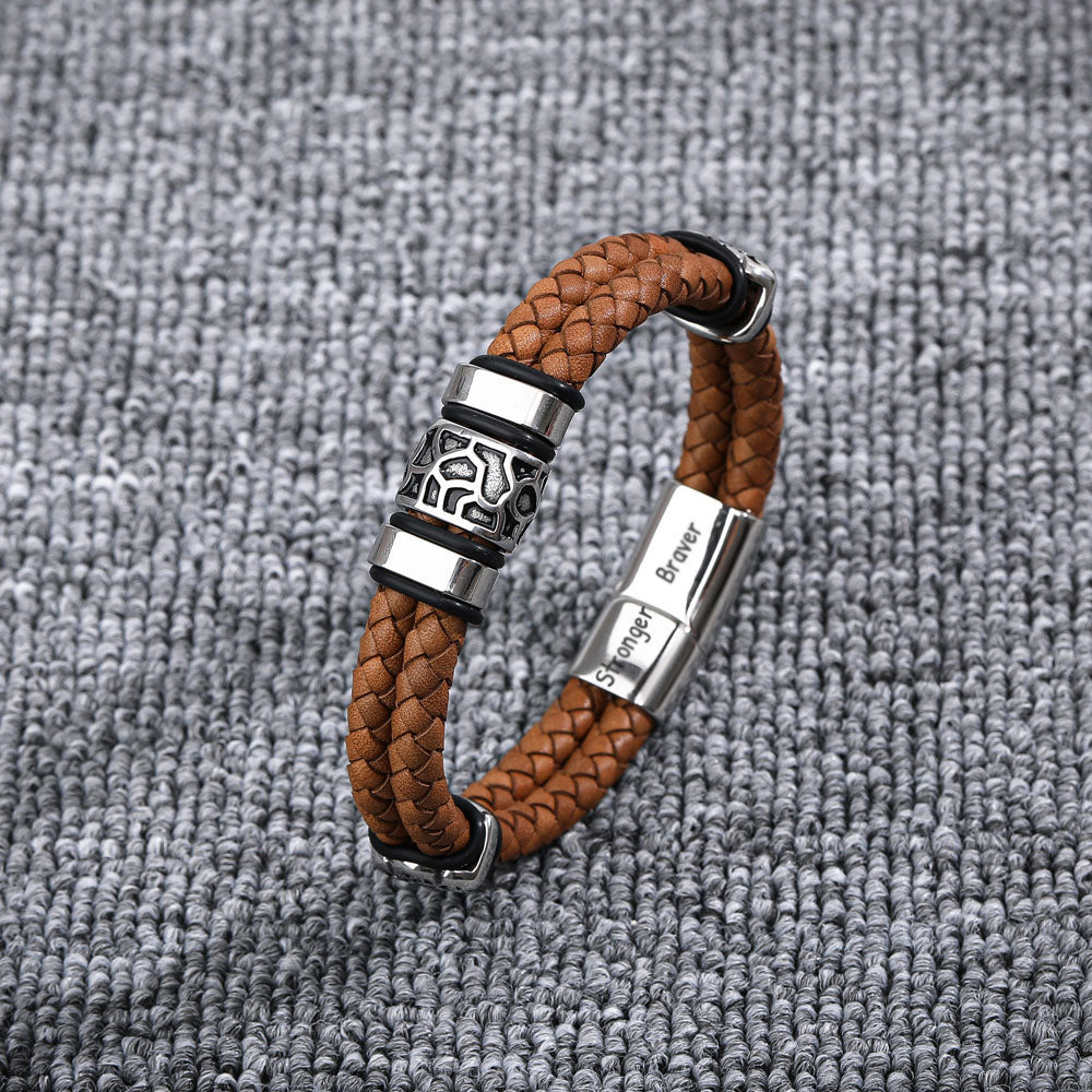 Retro leather wristband with an inspirational message for sons, complete with a greeting card, gift box, and gift bag.