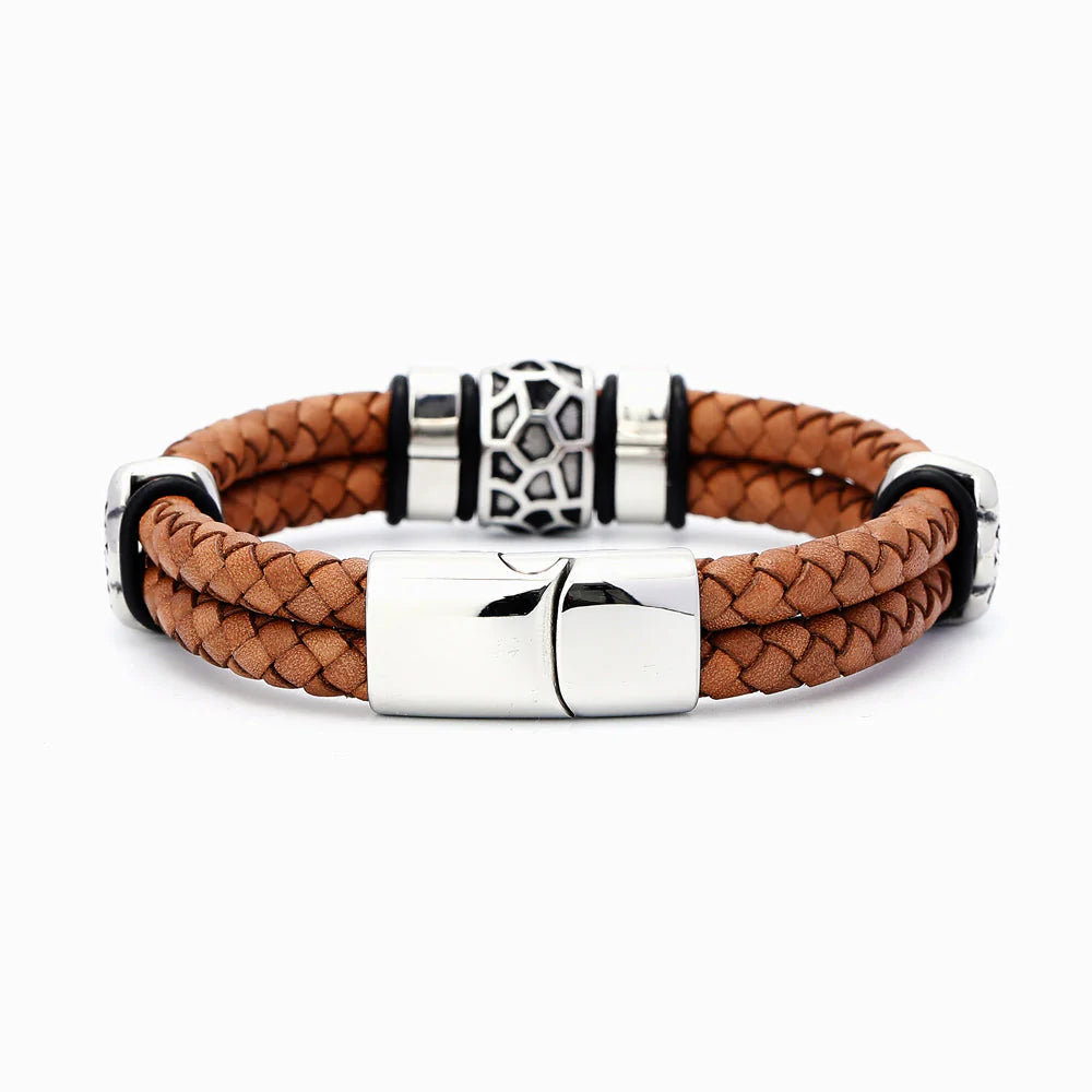 To My Son 'I Will Always Be There for You Along the Journey' Retro Leather Wristband - A stylish leather wristband featuring a heartfelt message for your son. This meaningful gift comes with a greeting card, a gift box, and a gift bag, expressing your unwavering support and pride. Suitable for all ages