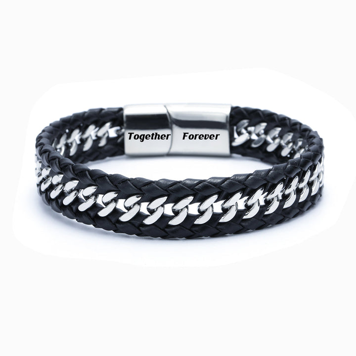 Leather weave men's bracelet with heartfelt message for sons, ideal gift with 10% off promotion.