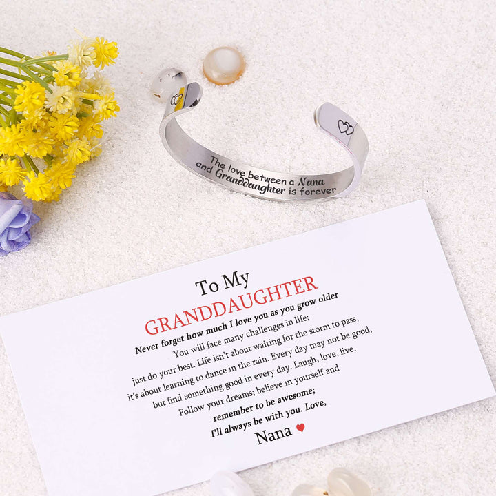 TO MY GRANDDAUGHTER "THE LOVE BETWEEN A NANA AND GRANDDAUGHTER IS FOREVER" HEART BRACELET - SARAH'S WHISPER