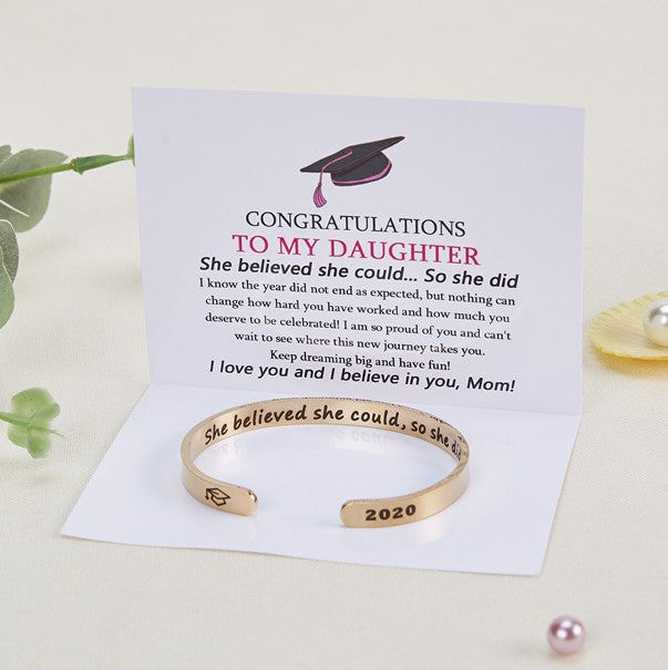 GRADUATION SEASON INSPIRATIONAL GIFT 2020 TITANIUM STEEL OPENING BRACELET INNER CIRCLE LETTERING SHE BELIEVED - SARAH'S WHISPER