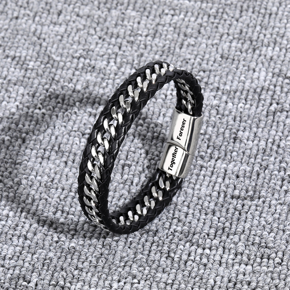 Men's Leather Bracelet with Weave Design - "Nothing beats seeing you smile" message from Mom