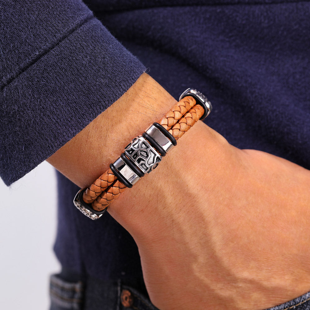 Retro leather wristband with an inspirational message for sons, complete with a greeting card, gift box, and gift bag.