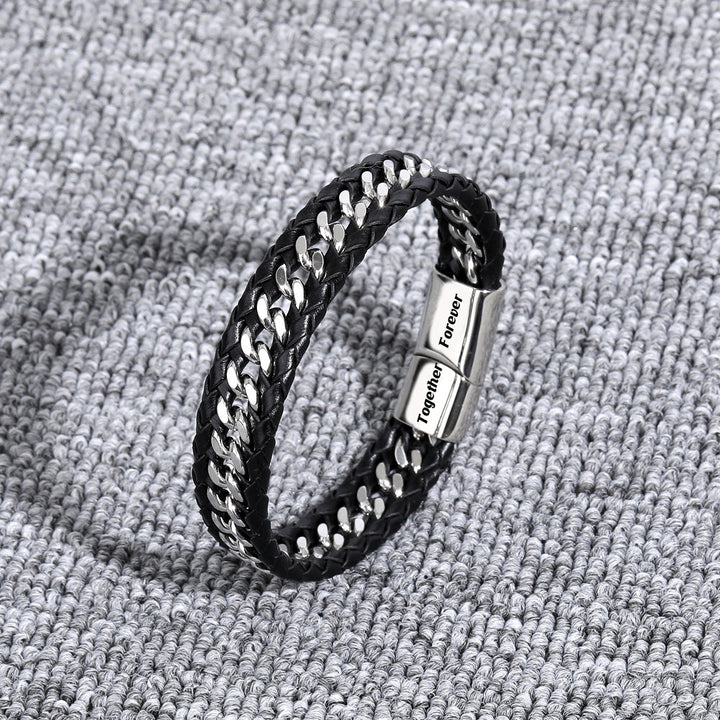 Leather weave men's bracelet with heartfelt message for sons, ideal gift with 10% off promotion.