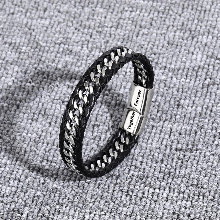 "A Link That Can Never Be Undone" Men's Bracelet, crafted from woven leather, packaged in a gift box with greeting card.