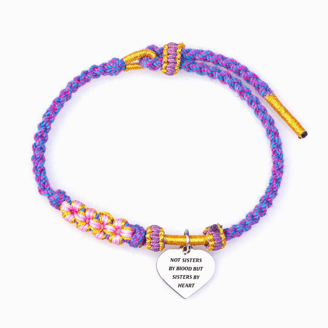 Braided bracelet with "Not Sisters by Blood but Sisters by Heart" design, crafted from cotton thread and titanium steel, ideal for best friends.