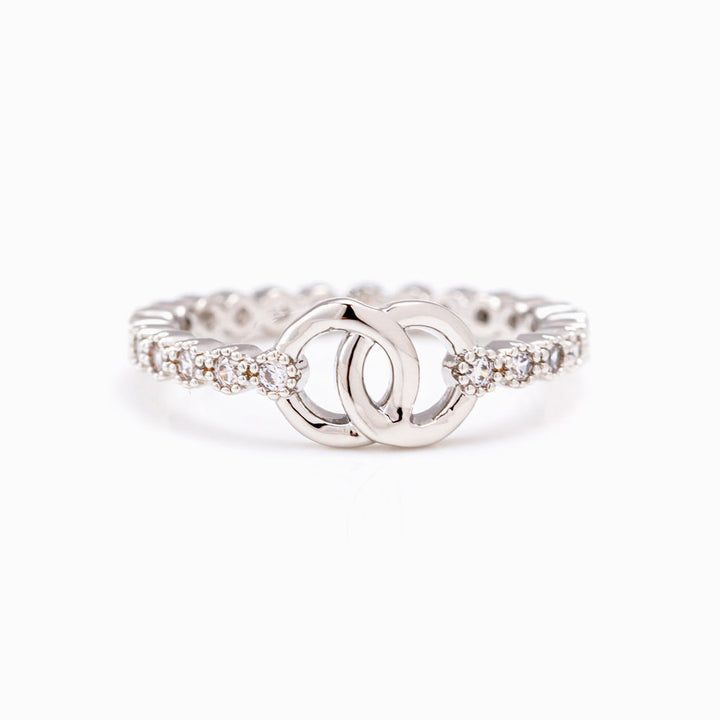 Sterling silver interlocking ring set with "Forever Linked Together" design, complete with gift card, box, and bag