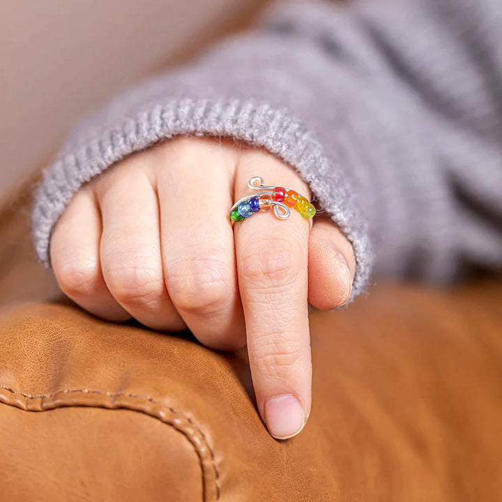 To My Daughter 'Drive Away Anxiety' Rainbow Ring - A stunning S925 sterling silver ring featuring several colored beads, designed to brighten your daughter's mood and alleviate anxiety. This thoughtful gift comes with an inspiring greeting card, a gift box, and a gift bag, serving as a reminder of a mother's love and protection. Suitable for all ages.