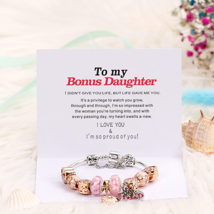 [Custom Name] To My Bonus Daughter "Bonus Daughter, I may not have given you the gift of life. But life gave me the gift of you" Flower Bracelet [💞 Bracelet +💌 Gift Card + 🎁 Gift Bag + 💐 Gift Bouquet] - SARAH'S WHISPER