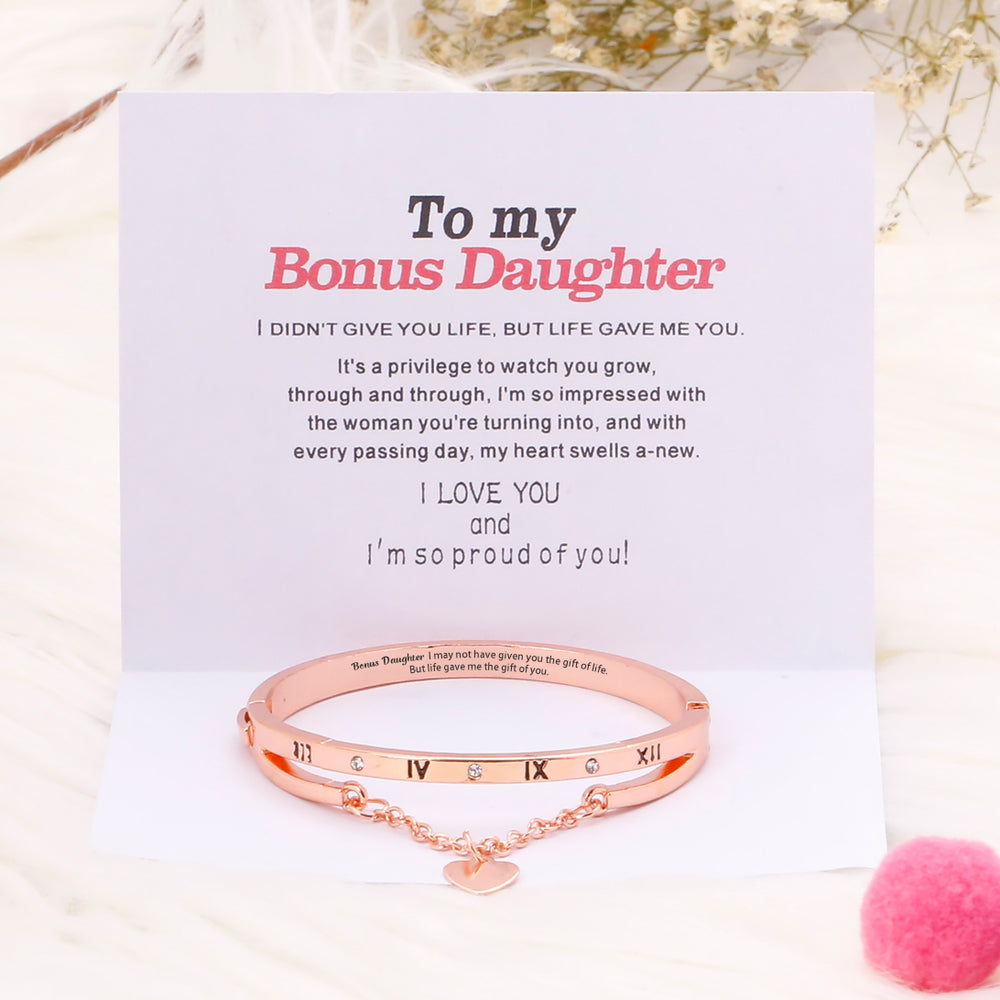 To My Bonus Daughter "BONUS DAUGHTER, I MAY NOT HAVE GIVEN YOU THE GIFT OF LIFE. BUT LIFE GAVE ME THE GIFT OF YOU" Roman Numeral Heart Bracelet - SARAH'S WHISPER