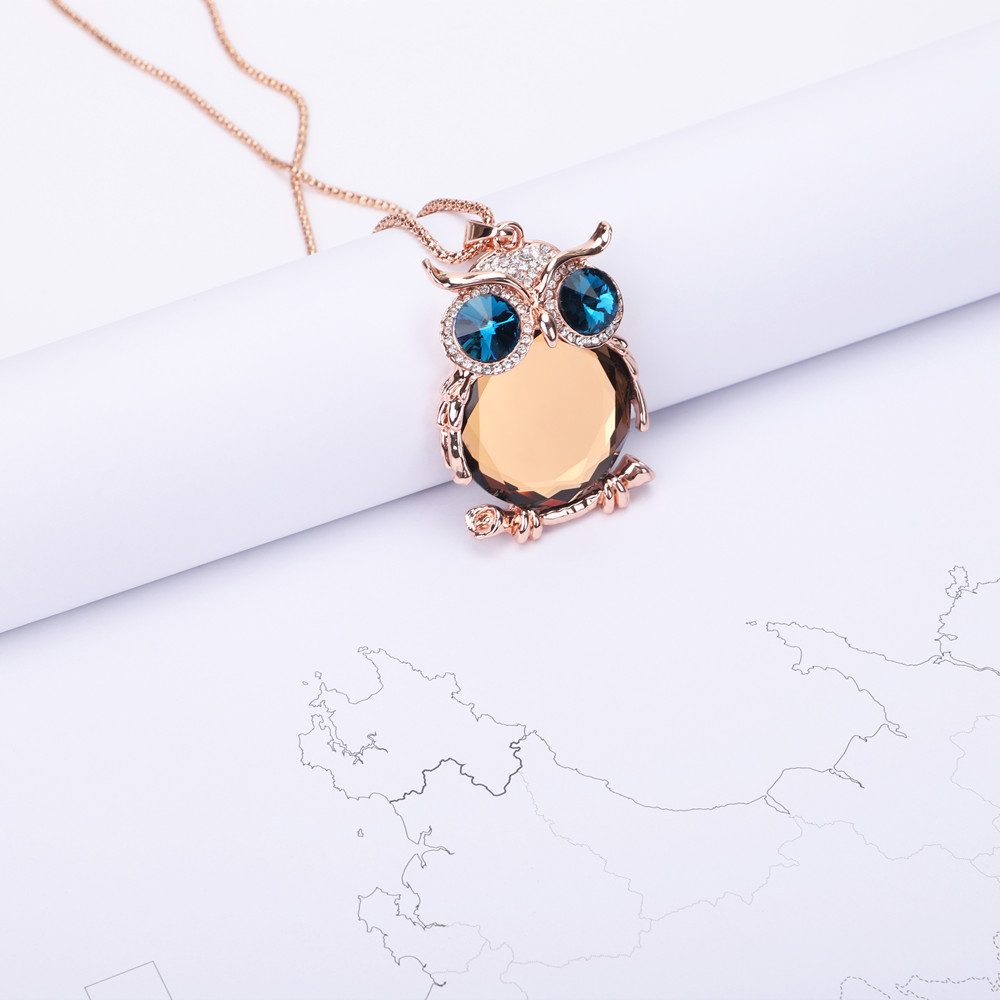 The image features the "DON'T FORGET TO BE OWLSOME" necklace, crafted in a rose gold-tone color. The necklace comes with a pendant measuring 6.5cm by 4cm, suspended from an 80cm chain. It is made of titanium steel and is accompanied by a greeting card, gift box, and a gift bag, making it a complete and stylish package.