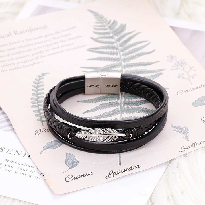 To My Grandson "Take this lucky feather. Wish you best of luck for the future and achieve all your dreams. " Lucky Feather Bracelet [💞 Bracelet +💌 Gift Card + 🎁 Gift Box + 💐 Gift Bouquet] - SARAH'S WHISPER