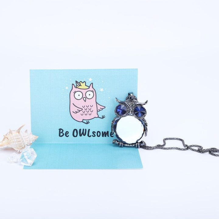 The image displays the "DON'T FORGET TO BE OWLSOME" necklace, crafted from titanium steel and weighing 49g. The necklace features a pendant measuring 6.5cm by 4cm suspended from an 80cm chain. Included in the package are a greeting card, gift box, and a gift bag, ensuring a complete and stylish presentation.