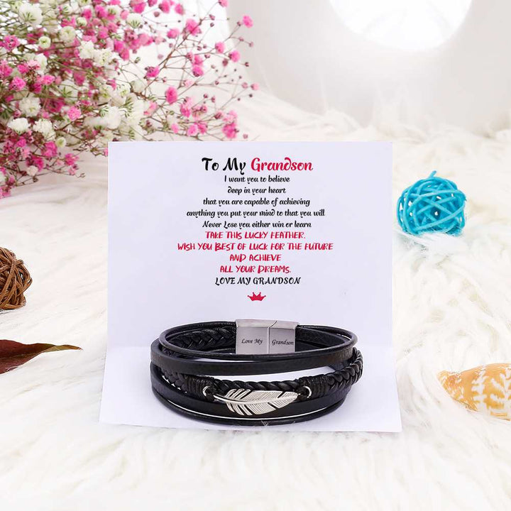 To My Grandson "Take this lucky feather. Wish you best of luck for the future and achieve all your dreams. " Lucky Feather Bracelet [💞 Bracelet +💌 Gift Card + 🎁 Gift Box + 💐 Gift Bouquet] - SARAH'S WHISPER