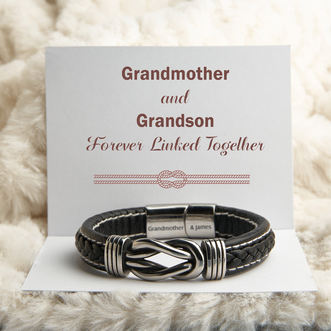 [Custom Name] To My Grandson "Grandmother and Grandson Forever Linked Together" Leather Braided Bracelet