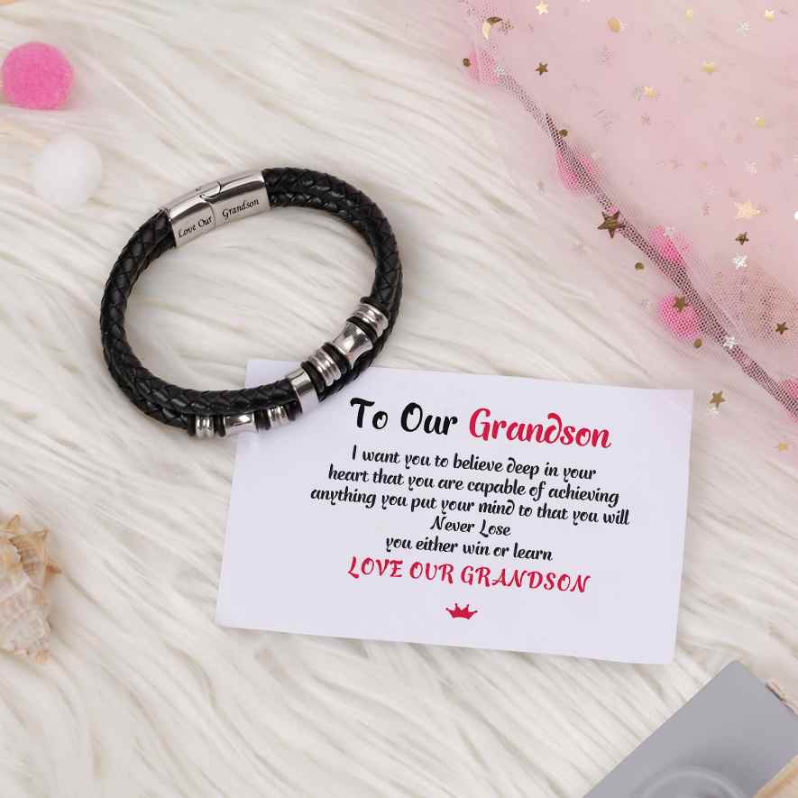 To Our Grandson "Love Our Grandson" Men's Bracelet [💞 Bracelet +💌 Gift Card + 🎁 Gift Box + 💐 Gift Bouquet] - SARAH'S WHISPER