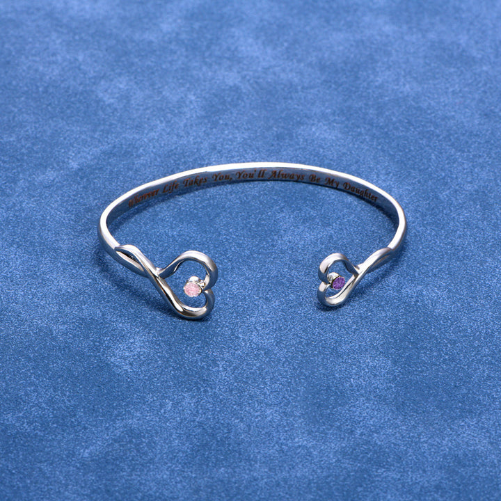 [Custom Birthstones] To My Daughter "Always in my heart" Double Heart Bracelet