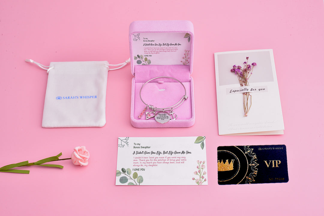 [Custom Name] To My Bonus Daughter "BONUS DAUGHTER, I MAY NOT HAVE GIVEN YOU THE GIFT OF LIFE. BUT LIFE GAVE ME THE GIFT OF YOU" Bracelet [💞 Bracelet +💌 Gift Card + 🎁 Gift Box + 💐 Gift Bouquet] - SARAH'S WHISPER