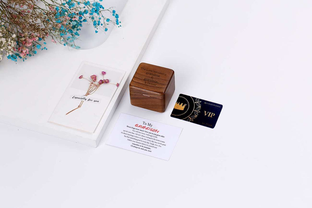 [Optional Address And Upload Photo] To My GRANDSON "The love between a [grandma] and grandson is forever" Wooden Music Box [💞 Music Box +💌 Gift Card + 🎁 Gift Box + 💐 Gift Bouquet] - SARAH'S WHISPER