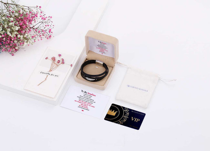 To My Grandson "Take this lucky feather. Wish you best of luck for the future and achieve all your dreams. " Lucky Feather Bracelet [💞 Bracelet +💌 Gift Card + 🎁 Gift Box + 💐 Gift Bouquet] - SARAH'S WHISPER