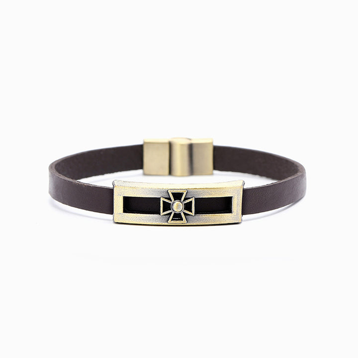 "Ask, Seek, and Knock" Cross Bracelet in leather, symbolizing faith and inspiration for your son.