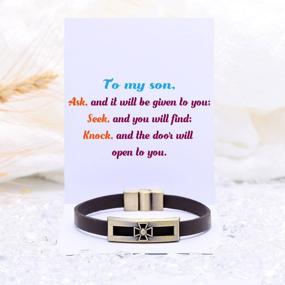 "Ask, Seek, and Knock" Cross Bracelet in leather, symbolizing faith and inspiration for your son.