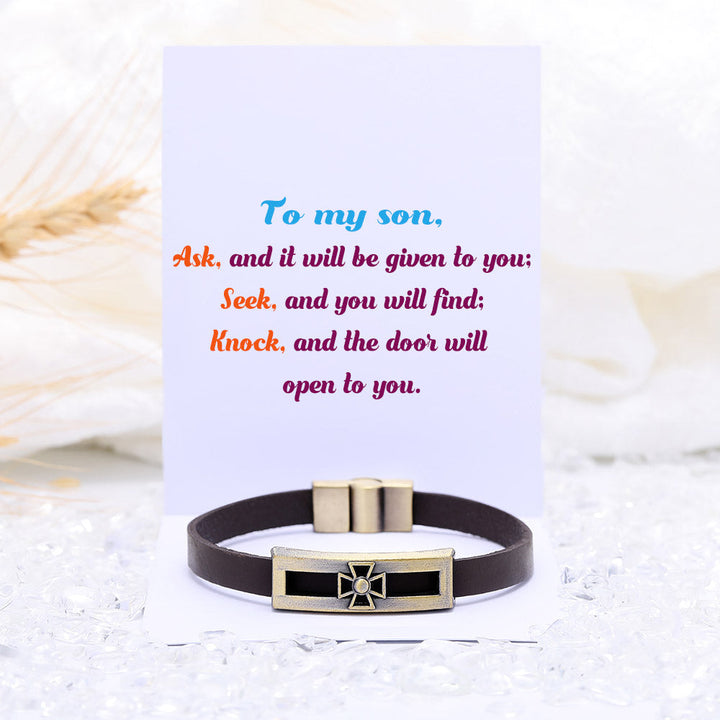 "Ask, Seek, and Knock" Cross Bracelet in leather, symbolizing faith and inspiration for your son.