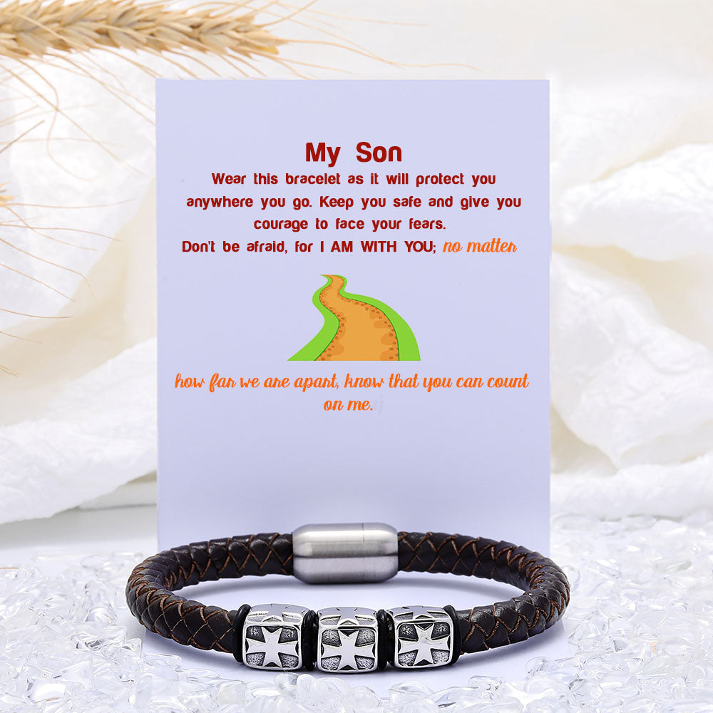 "To My Son 'Protection and Love' Cross Bracelet with three cross designs and a heartfelt message card."