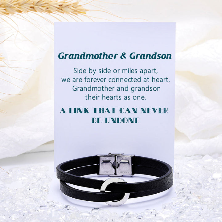 "To My Grandson 'A link that can never be undone' Men's Bracelet in Titanium Steel and Leather with a heartfelt message card."