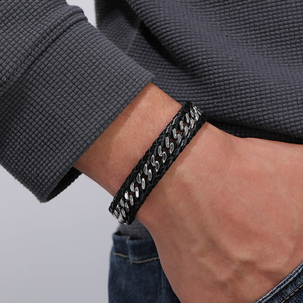 Men's Leather Bracelet with weave design, symbolizing love and commitment, ideal gift for expressing deep affection.