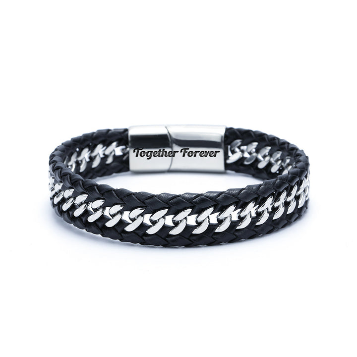 Men's Leather Bracelet with weave design, symbolizing love and commitment, ideal gift for expressing deep affection.