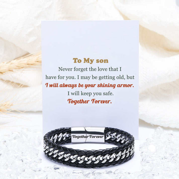 Men's Bracelet - Leather and Steel, "I will keep you safe" message for son.