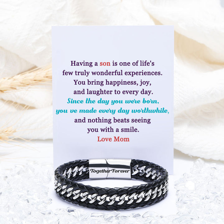 Men's Leather Bracelet with Weave Design - "Nothing beats seeing you smile" message from Mom