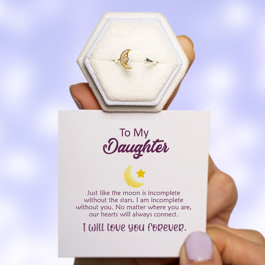 To My Daughter "Our hearts will always connect" Adjustable Fantasy Star And Moon Ring