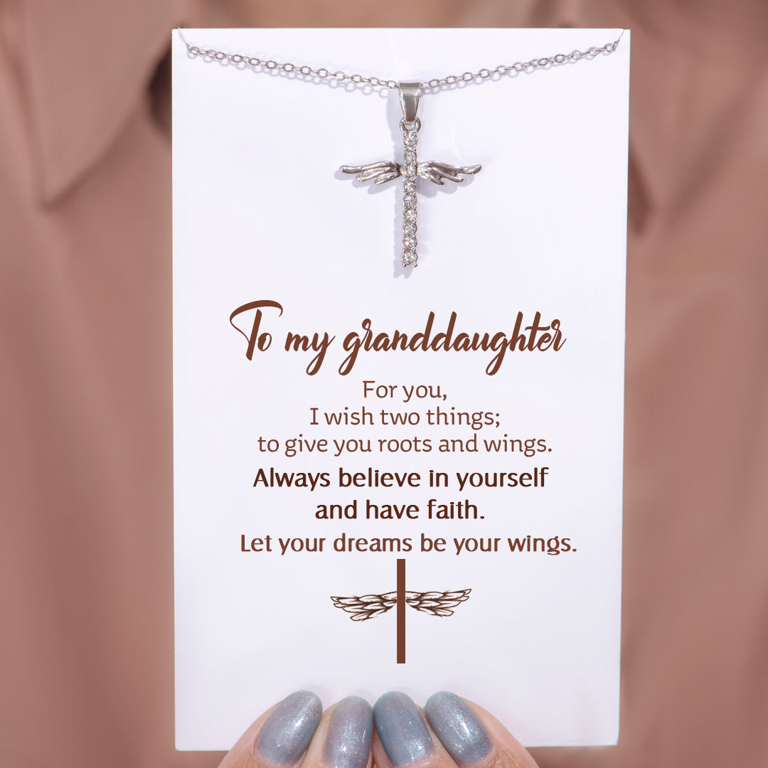 To My Granddaughter "Give you roots and wings" Wing Cross Necklace