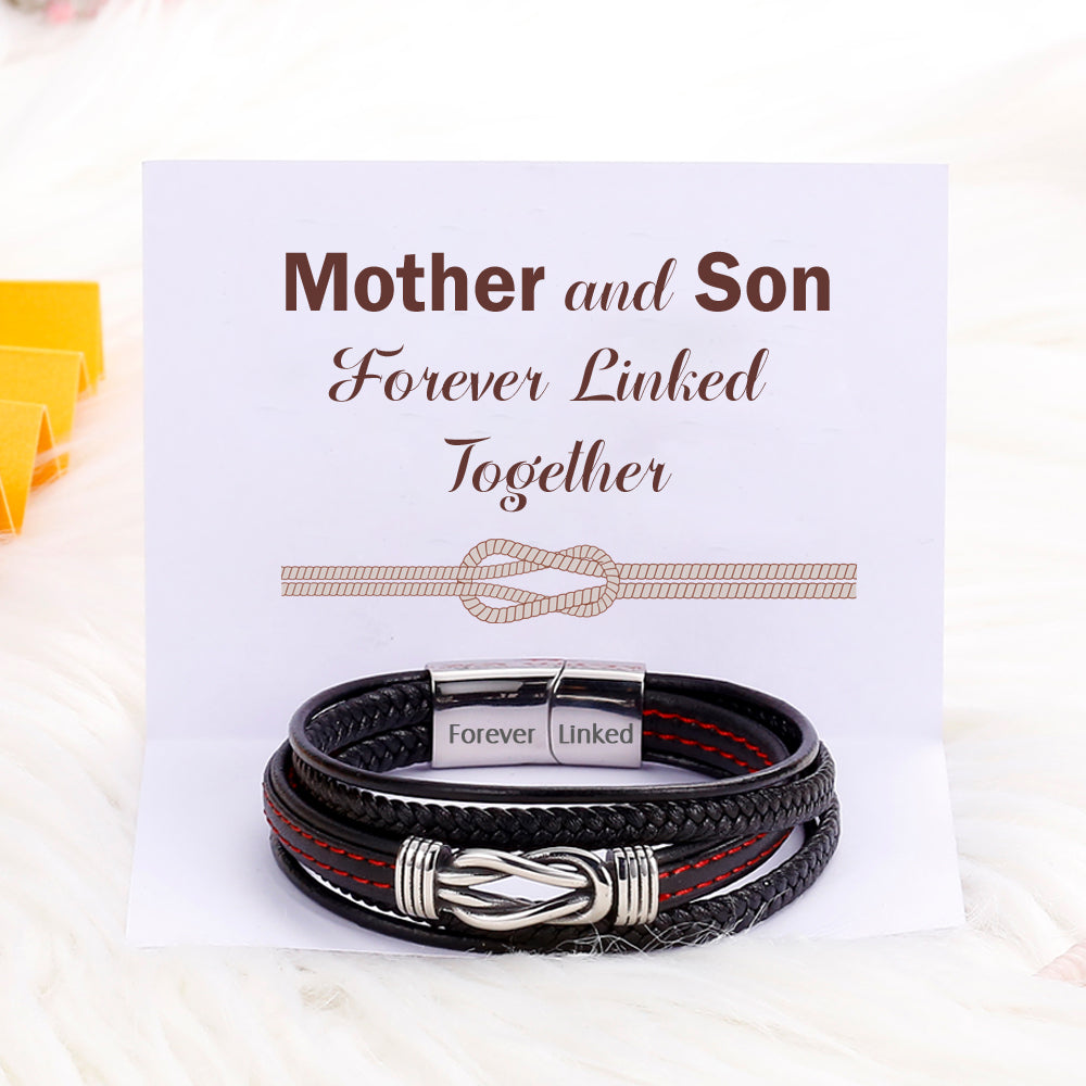 To My Son "Mother and Son Forever Linked Together" Leather Braided Bracelet