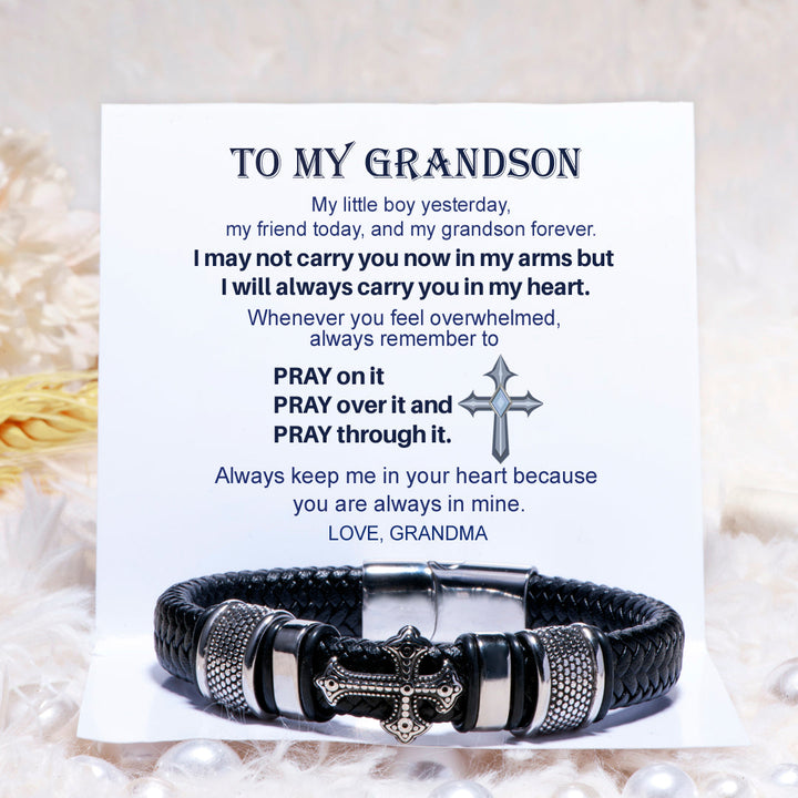 To My Grandson "PRAY ON IT PRAY OVER IT & PRAY THROUGH IT" Cross Bracelet