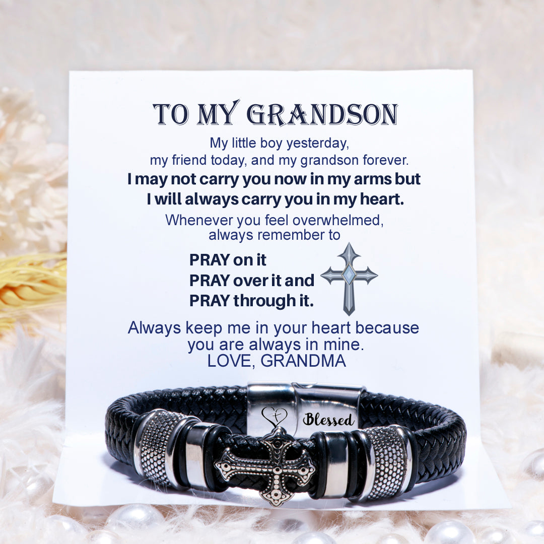 To My Grandson "PRAY ON IT PRAY OVER IT & PRAY THROUGH IT" Cross Bracelet