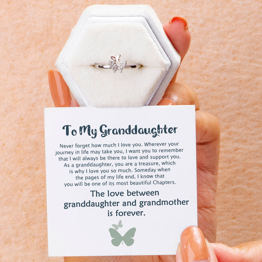 To My Granddaughter "The love between granddaughter and grandmother is forever." Butterfly Ring