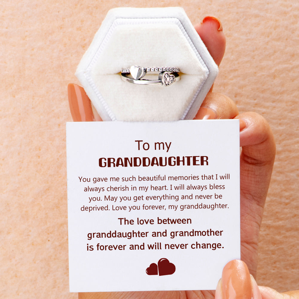 To My Granddaughter "The love between granddaughter and grandmother is forever and will never change." Double Heart Ring