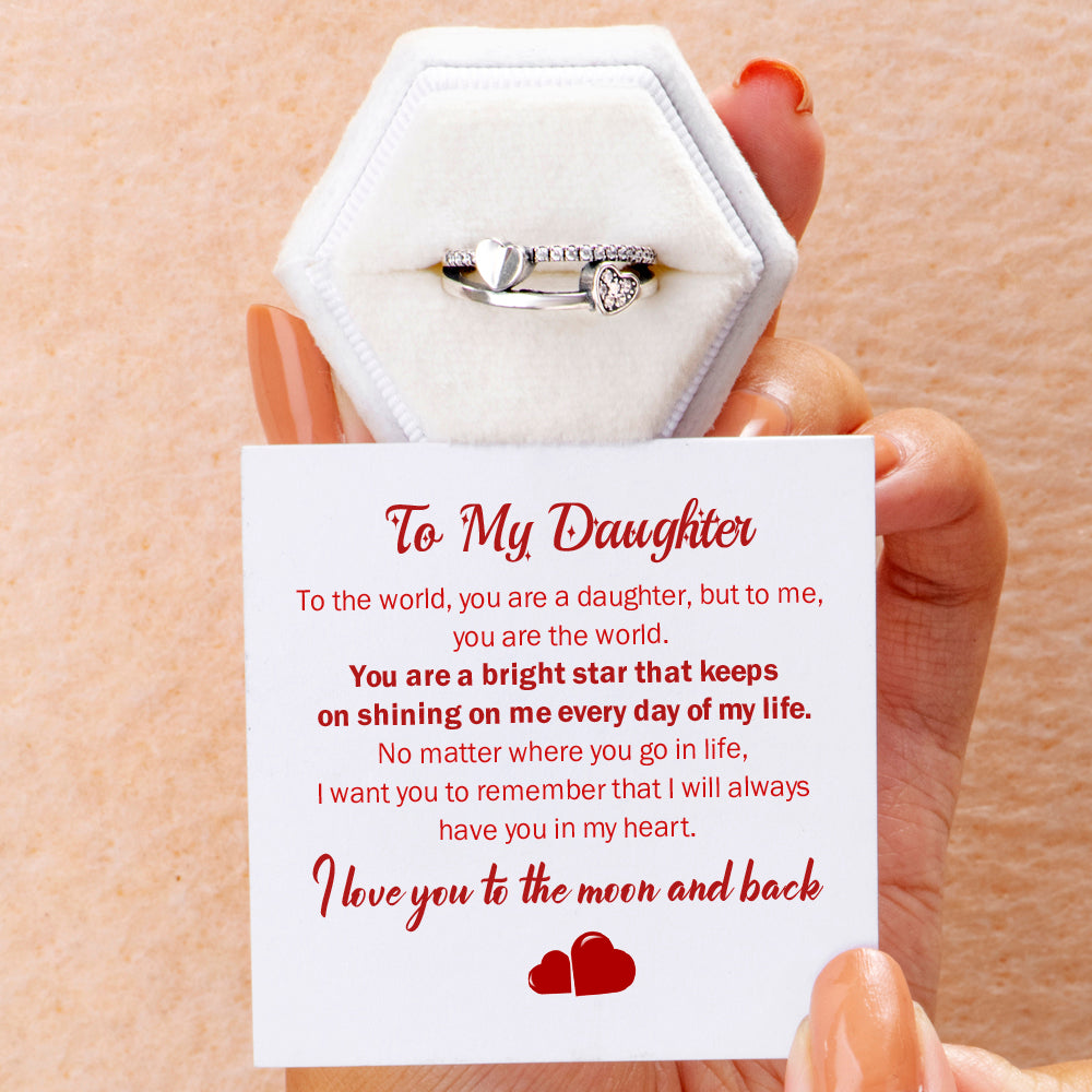 To My Daughter " I love you to the moon and back" Double Heart Ring