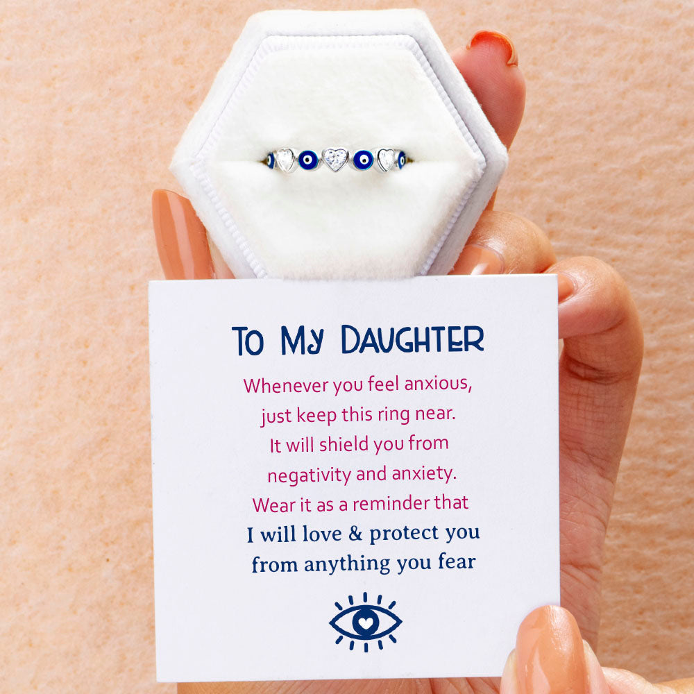 I Will Love & Protect: Sterling Silver 'Evil Eye' Ring for Daughters - A beautiful S925 sterling silver ring featuring an 'Evil Eye' design, symbolizing protection and love for your daughter. This meaningful gift comes with a heartfelt greeting card, a gift box, and a gift bag, providing comfort and encouragement during difficult times. Suitable for all ages. Processing Techniques: Plating.