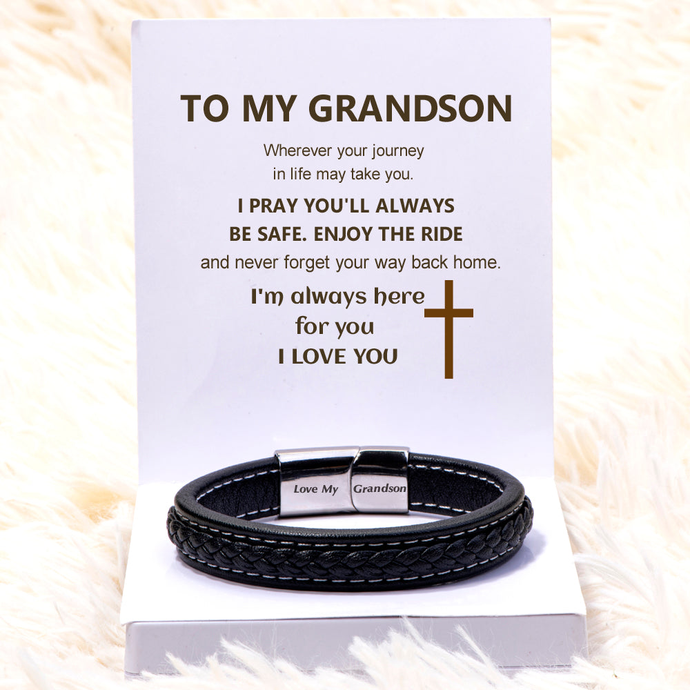 To My Grandson "I PRAY YOU'LL ALWAYS BE SAFE" Leather Braided Bracelet