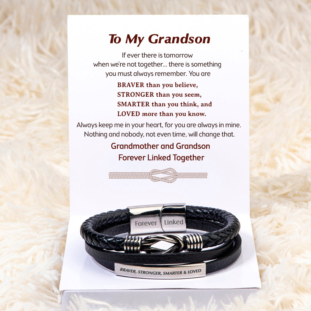 To My Grandson "BRAVER, STRONGER, SMARTER & LOVED" Leather Braided Bracelet