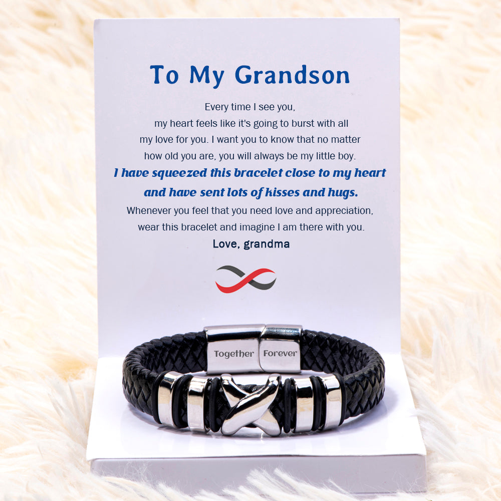 To My Grandson "Kisses and Hugs" Leather Braided Bracelet