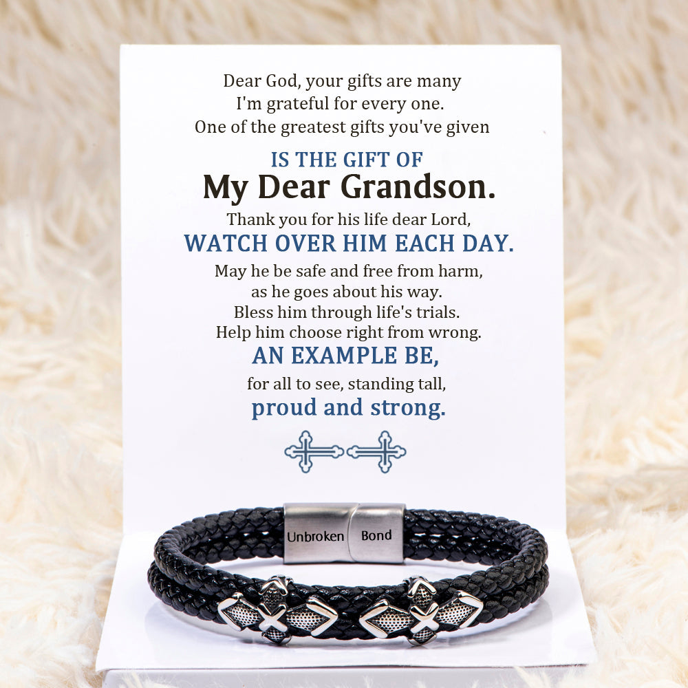 To My Grandson "WATCH OVER HIM EACH DAY" Leather Braided Bracelet