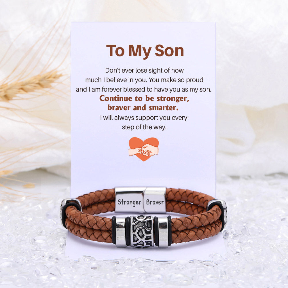 Retro leather wristband with an inspirational message for sons, complete with a greeting card, gift box, and gift bag.